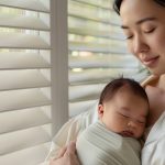 New mother lovingly holding her sleeping newborn baby near window.