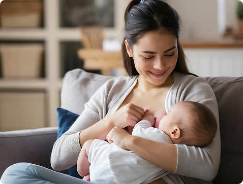 Smiling mother breastfeeding her baby while sitting on a couch