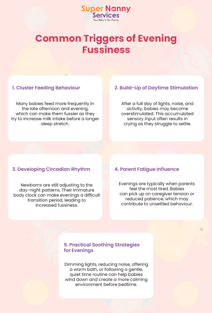 Infographic listing five common causes of evening fussiness in babies with soothing tips and illustrations.